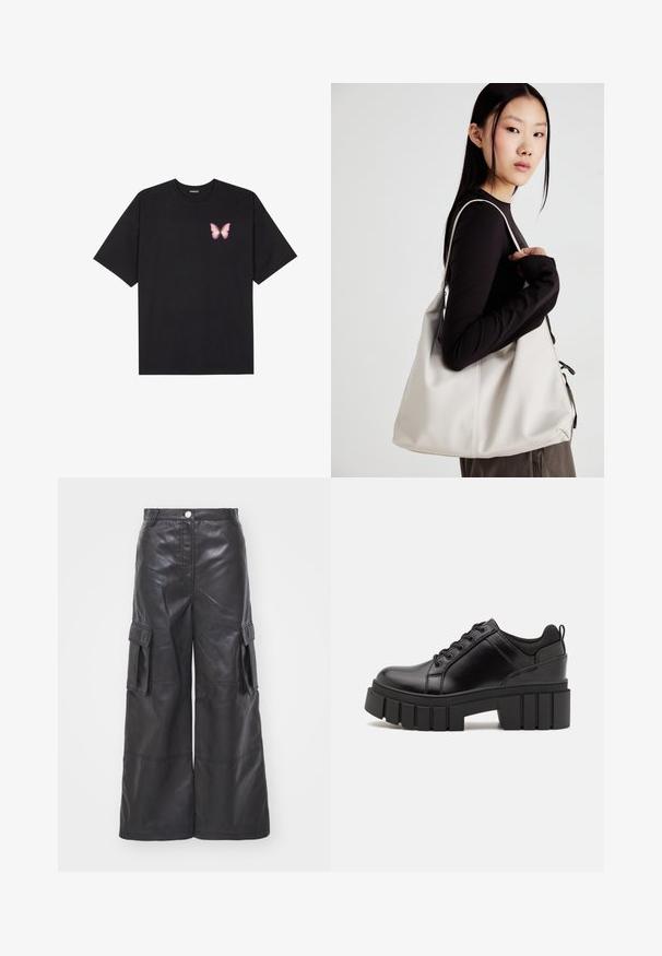 Zwarte katoenen t-shirt met korte mouwen, voorzien van een kleine roze vlinder graphic op de linkerkant van de borst. Crew neck ontwerp met een relaxte fit.; Zwarte leren cargobroek met een wijde pasvorm, voorzien van twee zijzakken en gedetailleerde stiksels. De stof heeft een gladde, glanzende textuur.; Zwarte leren platform schoenen met een stevige blokhak, ronde neus en een traditionele vetersluiting. Kenmerkt zich door een gladde textuur en minimale details.; Beige handtas gemaakt van zacht materiaal, met een slonzig ontwerp, gestikte details en twee schouderbanden. Geschikt voor dagelijks gebruik.