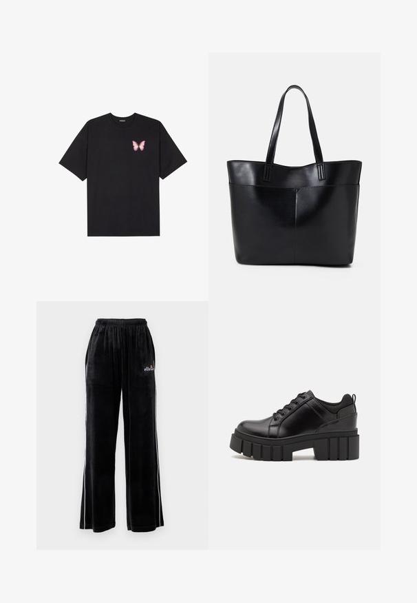 Black cotton t-shirt with short sleeves, featuring a small pink butterfly graphic on the left chest. Crew neck design with a relaxed fit.; Ellesse KLOSTERTALER - Tracksuit bottoms - black; Black leather platform shoes with a chunky block heel, round toe, and traditional lace-up design. Features smooth texture and minimal detailing.; Black leather tote bag with two long handles, a smooth texture, and a structured shape. Features a front pocket for additional storage.