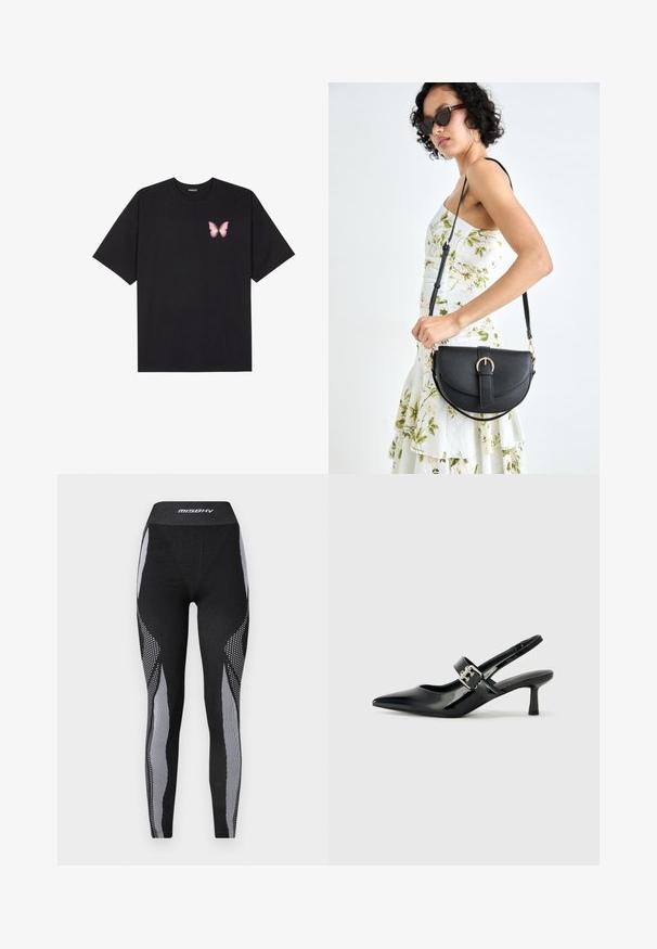 Black cotton t-shirt with short sleeves, featuring a small pink butterfly graphic on the left chest. Crew neck design with a relaxed fit.; Black athletic leggings featuring a high waistband, textured material, and contrasting grey mesh panels with striped and dotted patterns.; Black patent leather slingback heels with a pointed toe and a small block heel, featuring a silver buckle accent on the strap.; Black leather handbag with a curved shape, detachable strap, and gold hardware. The bag features a flap with a buckle detail.