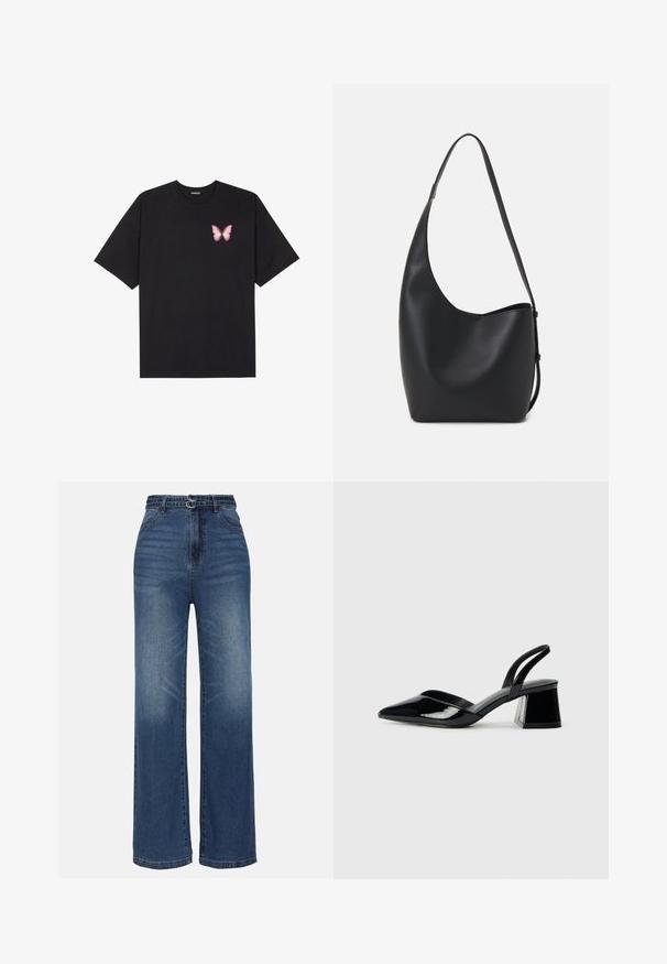 T-shirt de algodão preto com mangas curtas, apresentando um pequeno gráfico de borboleta rosa no lado esquerdo do peito. Design de gola redonda com um corte solto.; Jeans de ganga azul de perna larga com uma cintura alta, apresentando dois detalhes de fivela em metal, desbotamento subtil e design padrão de cinco bolsos.; Sandy em verniz preto com salto slingback, ponta afilada e salto geométrico. Apresenta um design elegante e minimalista com textura suave.; Saco hobo preto em pele com uma textura lisa, forma curva e uma única alça ajustável; apresenta uma abertura larga na parte de cima.