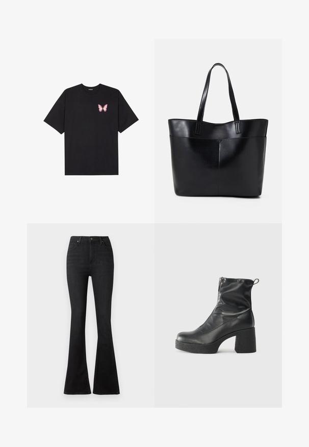T-shirt de algodão preto com mangas curtas, apresentando um pequeno gráfico de borboleta rosa no lado esquerdo do peito. Design de gola redonda com um corte solto.; Calças de ganga pretas com corte largo, apresentando uma cintura alta, bolsos frontais e um design clássico de cinco bolsos com fecho de botão de metal.; Botas de tornozelo pretas feitas de couro liso, com fecho lateral, salto grosso texturizado e design de bico arredondado.; Bolsa tote preta em couro com duas alças longas, textura suave e forma estruturada. Apresenta um bolso frontal para armazenamento adicional.