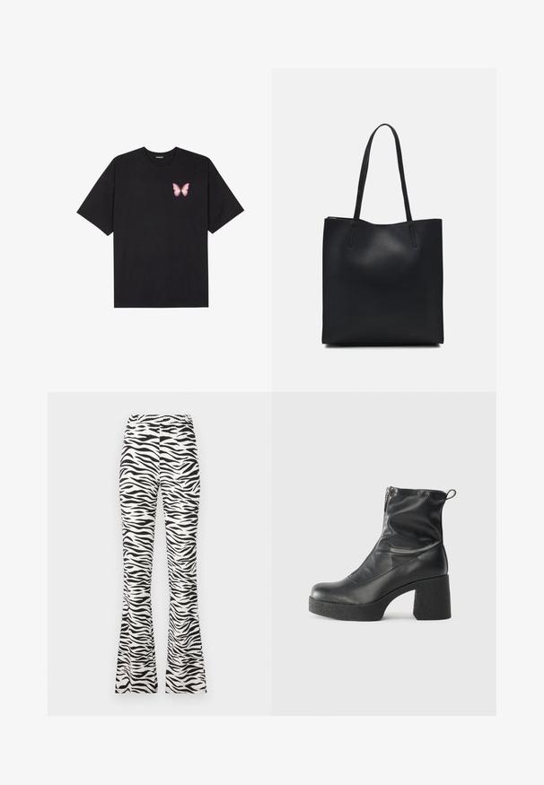 Black cotton t-shirt with short sleeves, featuring a small pink butterfly graphic on the left chest. Crew neck design with a relaxed fit.; Black and white flared pants featuring a zebra print pattern, made from a lightweight fabric with an elastic waistband for comfort.; Black ankle boots made of smooth leather, featuring a side zipper, chunky textured heel, and rounded toe design.; Black leather tote bag with smooth texture, rectangular shape, and two long handles. No visible hardware or embellishments.