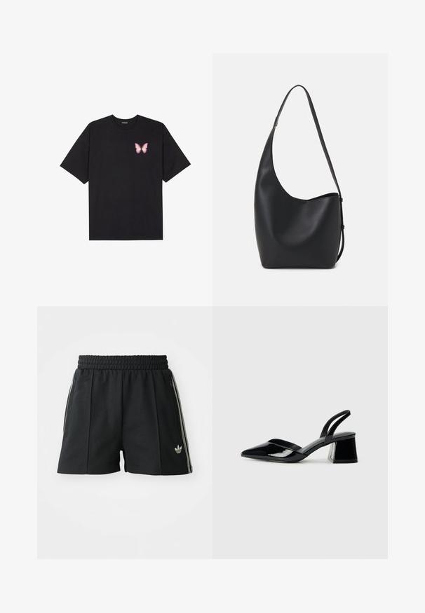 Svart bomulls T-skjorte med korte ermer, med en liten rosa sommerfugl grafikk på venstre bryst. Crew-neck design med en avslappet passform.; Svart treningstights med teksturert stoff, elastisk midje, glidelåslommer og tre hvite striper langs sidene med en logo.; Svarte patentlær slingback hæler med spiss tå og geometrisk blokk hæl. Har et stilrent, minimalistisk design og jevn tekstur.; Svart lær hobo-veske med glatt tekstur, buet form og enkelt justerbart stropp; har en bred åpning på toppen.