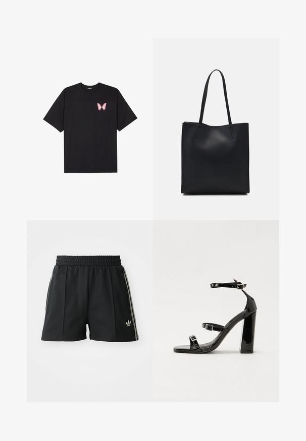 T-shirt de algodão preto com mangas curtas, apresentando um pequeno gráfico de borboleta rosa no lado esquerdo do peito. Design de gola redonda com um corte solto.; Calções desportivos pretos com um tecido texturizado, cintura elástica, bolsos com fecho e três riscas brancas nas laterais com um logótipo.; Sandálias de tacão preto laqueadas com bico quadrado, tiras para o tornozelo e fivelas prateadas. Apresentam um salto bloco chunky para estabilidade.; Bolsa tote preta em couro com textura lisa, forma retangular e duas alças longas. Sem hardware ou enfeites visíveis.