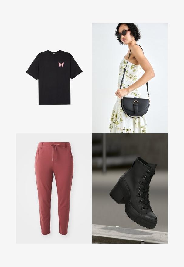 T-shirt de algodão preto com mangas curtas, apresentando um pequeno gráfico de borboleta rosa no lado esquerdo do peito. Design de gola redonda com um corte solto.; Calças elásticas vermelhas com cintura ajustável, pernas afuniladas e bolsos laterais, apresentando uma textura suave e um design casual.; Botas de plataforma pretas de cano alto com um acabamento em pele texturada, atacadores à frente e salto robusto. Apresenta uma sola de borracha com padrões de garras distintos.; Bolsa de couro preta com forma curva, alça destacável e detalhes em dourado. A bolsa possui uma aba com detalhe de fivela.