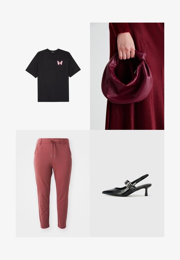 Juodas medvilnės marškinėliai trumpomis rankovėmis, su maža rožine drugelio grafika kairėje krūtinės pusėje. Apvalus kaklo iškirpimas, laisvas kirpimas.; Raudoni tamprūs kelnių, su raišteliu juosmens, siaurėjančiomis kojomis ir šoninėmis kišenėmis, pasižymintys lygiu tekstūru ir kasdienišku dizainu.; Juodai lakuoti slingback aukštakulniai su smailiu kojų pirštu ir mažais blokiniais kulniukais, su sidabro sagtimi ant dirželio.; Bordo odinė rankinė su minkštu, susiraukšlėjusiu dizainu ir apvalia forma. Rankena yra tvirtai pritvirtinta, atskleidžianti lygią tekstūrą.