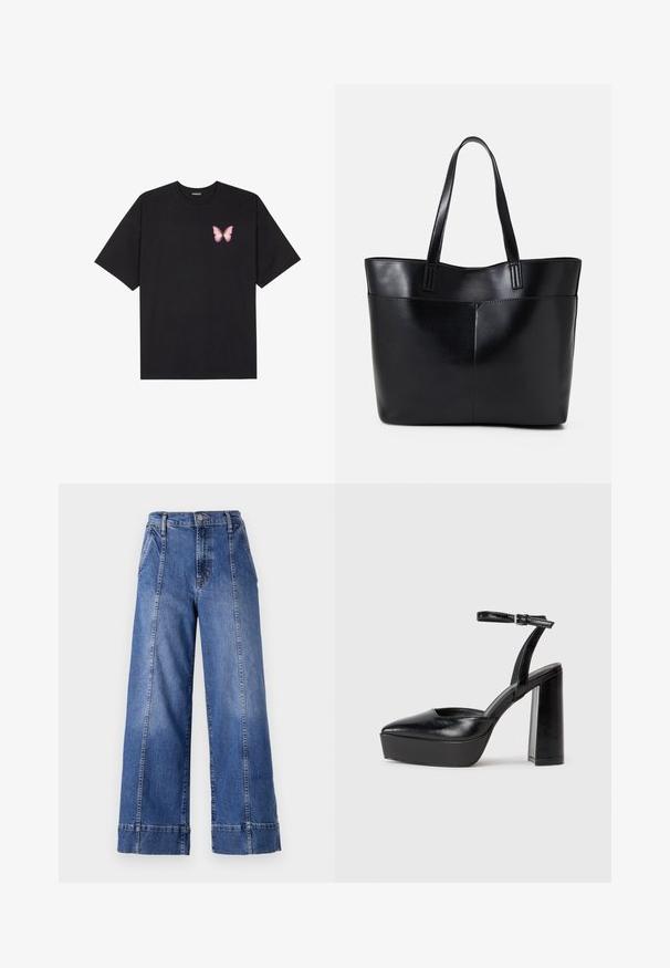 Černé bavlněné tričko s krátkým rukávem, na levém prsou s malou grafikou růžové motýlky. Design s kruhovým výstřihem a volným střihem.; Široké modré džíny s vysokým pasem, s uzávěrem na knoflík, předními kapsami a viditelným švem podél bočních švů.; Černé platformové podpatky s špičatou špičkou a nastavitelným kotníkovým popruhem. Vyrobeny z hladké kůže, s masivním blokovým podpatkem.; Černá kožená taška s dlouhými ušima, hladkým povrchem a strukturovaným tvarem. Obsahuje přední kapsu pro další úložný prostor.