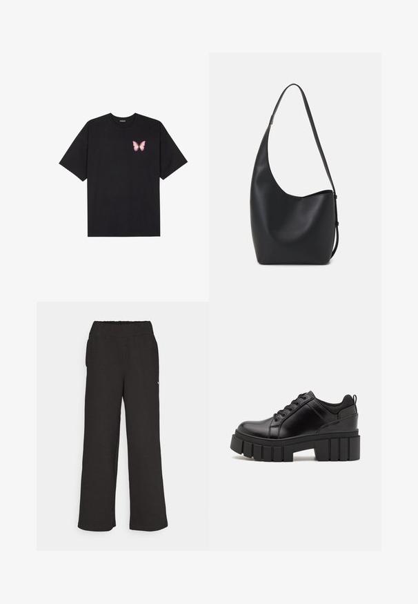 Black cotton t-shirt with short sleeves, featuring a small pink butterfly graphic on the left chest. Crew neck design with a relaxed fit.; Black, wide-leg trousers made from textured fabric with an elastic waistband. Features side pockets and a small logo detail.; Black leather platform shoes with a chunky block heel, round toe, and traditional lace-up design. Features smooth texture and minimal detailing.; Black leather hobo bag with a smooth texture, curved shape, and single adjustable strap; features a wide opening at the top.