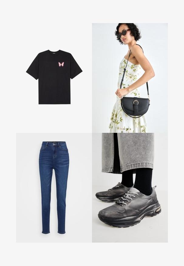 T-shirt de algodão preto com mangas curtas, apresentando um pequeno gráfico de borboleta rosa no lado esquerdo do peito. Design de gola redonda com um corte solto.; Jeans de cintura alta, ajustados, em denim azul escuro. Possui cinco bolsos, passantes para cinto e um fecho em botão, com um desbotamento sutil ao longo das pernas.; Sapatilhas atléticas pretas e cinzentas apresentam um upper em malha, solas espessas e atacadores. Têm um bico arredondado e detalhes de amortecimento visíveis.; Bolsa de couro preta com forma curva, alça destacável e detalhes em dourado. A bolsa possui uma aba com detalhe de fivela.
