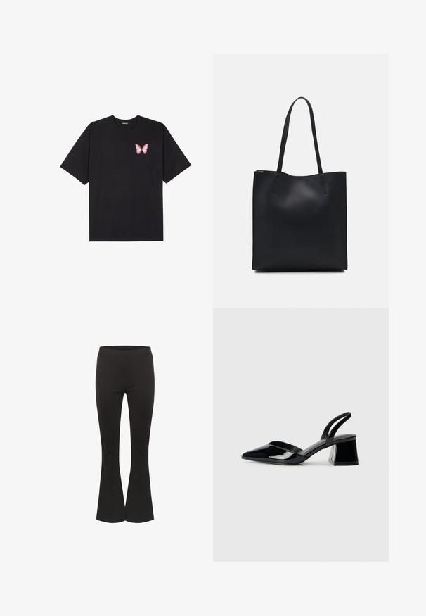 Čierne bavlnené tričko s krátkymi rukávmi, s malým ružovým motýlikom na ľavej hrudi. Design s okrúhlym výstrihom a uvoľneným strihom.; Čierne rozšírené nohavice so priliehavým pásom a hladkým materiálom, zobrazené vo vzpriamenej polohe na bielom pozadí.; Čierne lakované kožené sandálové podpätky s špicatou špičkou a geometrickým blokovým podpätkom. Disponujú elegantným, minimalistickým dizajnom a hladkým povrchom.; Čierna kožená taška na rameno s hladkým povrchom, obdĺžnikovým tvarom a dvoma dlhými uchami. Bez viditeľného kovania alebo ozdôb.