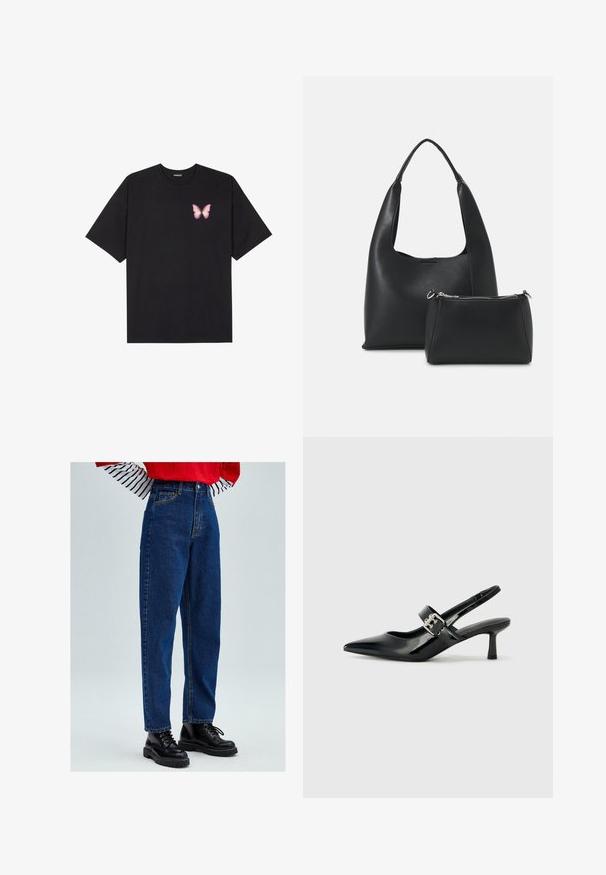 Camiseta de algodón negra de manga corta, con un pequeño gráfico de mariposa rosa en el lado izquierdo del pecho. Diseño de cuello redondo con un corte relajado.; Jeans de mezclilla azul de cintura alta con un corte holgado, que presentan un diseño clásico de cinco bolsillos y detalles de costura amarilla. Combinados con botas negras de cordones.; Zapatos de tacón en charol negro con tira al tobillo, punta afilada y un pequeño tacón bloque, que cuentan con un acento de hebilla plateada en la correa.; Even&Odd Bolso de mano - black