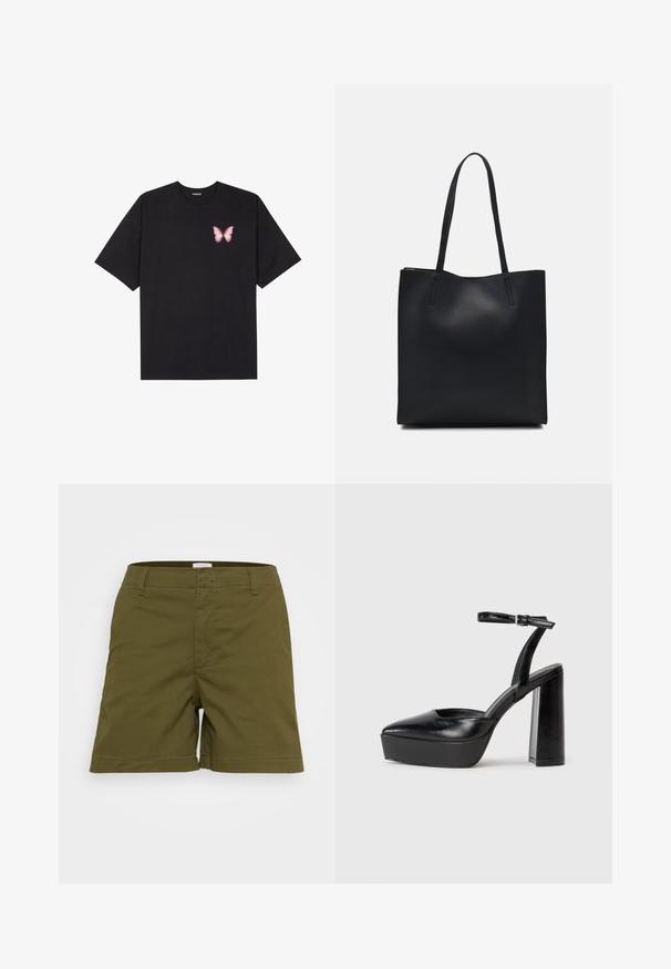 Svart bomulls T-skjorte med korte ermer, med en liten rosa sommerfugl grafikk på venstre bryst. Crew-neck design med en avslappet passform.; Olivenfargede shorts laget av lett stoff, med en klassisk kutting og rett kant samt frontlommer. Flat liv med løkker.; Sorte plattformhelter med spiss tå og justerbar ankelrem. Laget av glatt lær, med en robust blokkhel.; Svart lær tote bag med glatt tekstur, rektangulær form og to lange håndtak. Ingen synlige deler eller dekorasjoner.