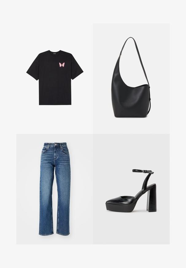 Melna kokvilnas T-krekls ar īsām piedurknēm, kuram priekšā kreisajā pusē ir neliels rozā tauriņa grafiskais attēls. Ar apaļu kaklu un brīvā stila piegriezumu.; Augstām jostasvietām piemēroti, platā kāju džinsi, kas izgatavoti no zila denima. Ietver piecas kabatas, pogu aizdari un vieglu izbalēšanu visā audumā.; Melnas platformas papēžs ar norādītu purngala formu un regulējamu potītes siksniņu. Izgatavotas no gludas ādas, ar masīvu bloku papēdi.; Melnas ādas hobo soma ar gludu tekstūru, izliekta forma un vienu regulējamu jostu; augšā ir plaša atvere.