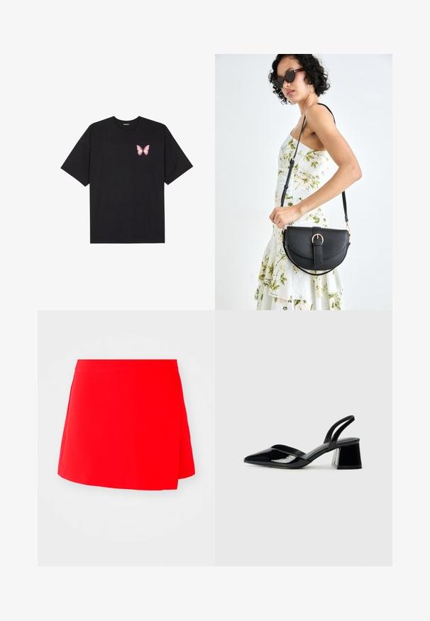 Black cotton t-shirt with short sleeves, featuring a small pink butterfly graphic on the left chest. Crew neck design with a relaxed fit.; Red mini skirt with a smooth texture, featuring an asymmetrical design and a fitted waist. No visible hardware or patterns.; Black patent leather slingback heels with a pointed toe and a geometric block heel. Features a sleek, minimal design and smooth texture.; Black leather handbag with a curved shape, detachable strap, and gold hardware. The bag features a flap with a buckle detail.