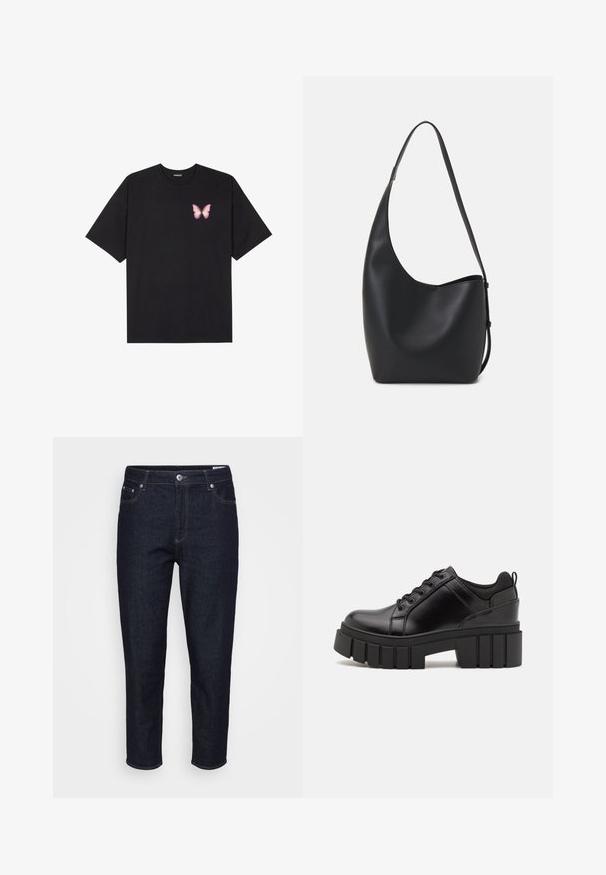 Svart bomulls T-skjorte med korte ermer, med en liten rosa sommerfugl grafikk på venstre bryst. Crew-neck design med en avslappet passform.; Straight-leg mørkeblå denimjeans med frontlommer, bæltestropper og lukning med knap foran, vist mot en neutral bakgrunn.; Svarte lærplattformsko med kraftig blokkhell, rund tå og tradisjonell snøring. Har en jevn tekstur og minimal detaljering.; Svart lær hobo-veske med glatt tekstur, buet form og enkelt justerbart stropp; har en bred åpning på toppen.