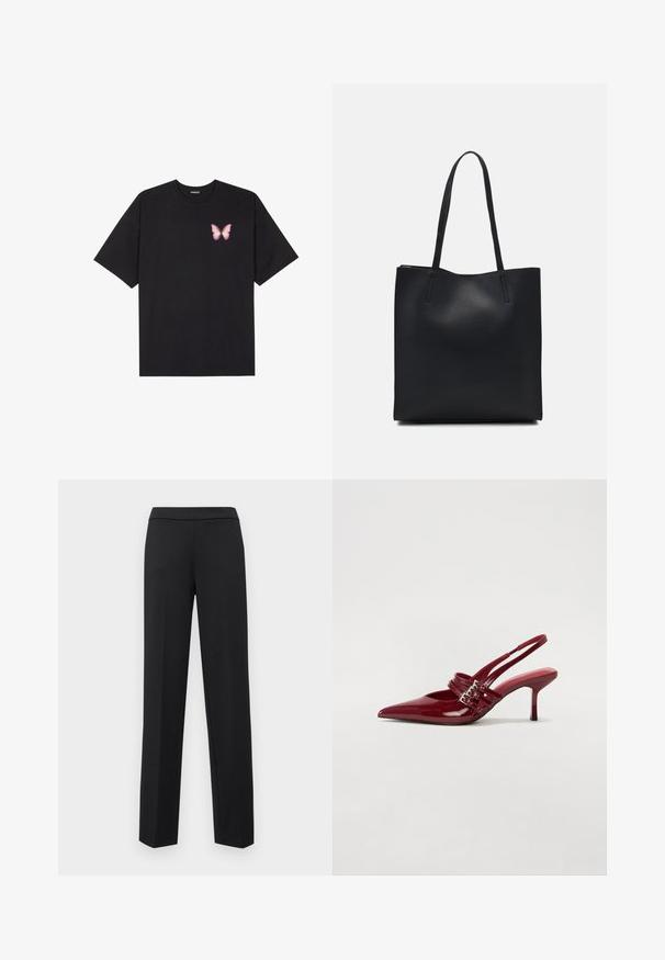 Black cotton t-shirt with short sleeves, featuring a small pink butterfly graphic on the left chest. Crew neck design with a relaxed fit.; ONLY ONLPEACH LIFE PULL UP PANT - Trousers - black; Red patent leather slingback heels with a pointed toe, two buckle straps, and a slim, mid-height stiletto heel. Smooth texture.; Black leather tote bag with smooth texture, rectangular shape, and two long handles. No visible hardware or embellishments.