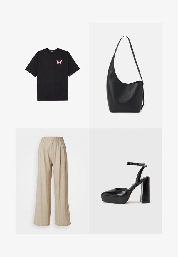 Black cotton t-shirt with short sleeves, featuring a small pink butterfly graphic on the left chest. Crew neck design with a relaxed fit.; GAP TROUSER - Trousers - bedrock; Black platform heels with a pointed toe and adjustable ankle strap. Constructed from smooth leather, featuring a chunky block heel.; Black leather hobo bag with a smooth texture, curved shape, and single adjustable strap; features a wide opening at the top.