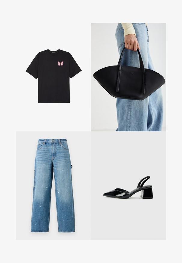 Crna pamučna majica s kratkim rukavima, s malim grafičkim prikazom ružičaste vjetricaste s desne strane na prsima. Dizajn s okruglim izrezom i opuštenim krojem.; Svijetloplave traper cargo traperice sa širokim nogavicama, izblijedjelim dijelovima i detaljima prskanja boje. Imaju bočne džepove i dugme za zatvaranje.; Crne lakirane kožne sandale s otvorenom petom i špicastim vrhom, s geometrijskom blok petom. Imaju elegantan, minimalistički dizajn i glatku teksturu.; Crna kožna torba jedinstvenog oblika ventilatora, s ravnim ručkama. Površina ima teksturu sličnu šljunku i minimalistički dizajn.