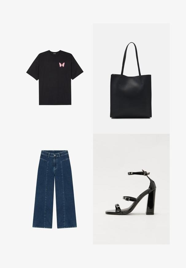 Zwarte katoenen t-shirt met korte mouwen, voorzien van een kleine roze vlinder graphic op de linkerkant van de borst. Crew neck ontwerp met een relaxte fit.; Lange denim jeans in een donkere wassing, met een hoge taille, voorkeurszakken en een soepele textuur. De stiksels zijn licht contrasterend.; Zwarte gepatenteerde sandalen met hak en een vierkante neus, enkelbandjes en zilveren gespen. Heeft een stevige blokhak voor stabiliteit.; Zwarte leren handtas met een gladde textuur, rechthoekige vorm en twee lange handvaten. Geen zichtbare hardware of versieringen.