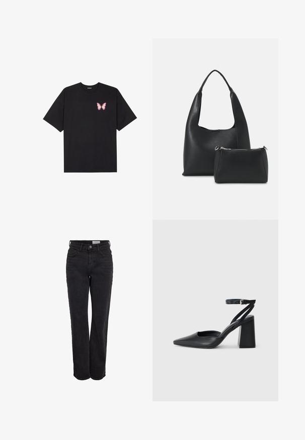 T-shirt de algodão preto com mangas curtas, apresentando um pequeno gráfico de borboleta rosa no lado esquerdo do peito. Design de gola redonda com um corte solto.; Jeans pretos de cintura alta e perna reta com botão frontal e bolsos, passadores de cinto e desbotamento subtil num fundo branco.; Sandal com biqueira afilada em couro preto, com cinta no tornozelo e salto grosso. Textura lisa, design elegante e estética minimalista.; Even&Odd Mala de mão - black