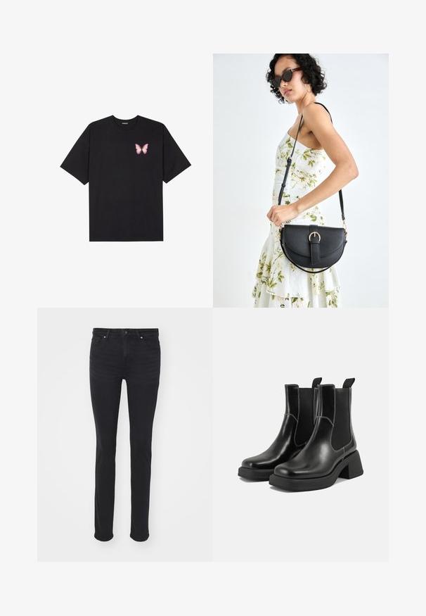 Zwarte katoenen t-shirt met korte mouwen, voorzien van een kleine roze vlinder graphic op de linkerkant van de borst. Crew neck ontwerp met een relaxte fit.; Zwarte denim jeans met een slim fit, voorzien van vijf zakken, een ritsgulp en zilveren hardware-accenten. Gladde textuur met minimale vervaging.; Zwarte leren Chelsea-boots met een chunky hak, elastische zijpanelen en contrasterende witte stiksels. Gestructureerde afwerking.; Zwarte leren handtas met een gebogen vorm, afneembare schouderband en gouden hardware. De tas heeft een klep met een gespsluiting.