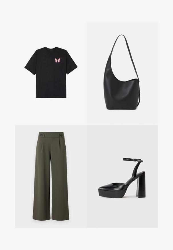 Black cotton t-shirt with short sleeves, featuring a small pink butterfly graphic on the left chest. Crew neck design with a relaxed fit.; Wide-legged, olive green trousers made of smooth fabric; features two black buttons on the waistband and front pleats for added detail.; Black platform heels with a pointed toe and adjustable ankle strap. Constructed from smooth leather, featuring a chunky block heel.; Black leather hobo bag with a smooth texture, curved shape, and single adjustable strap; features a wide opening at the top.