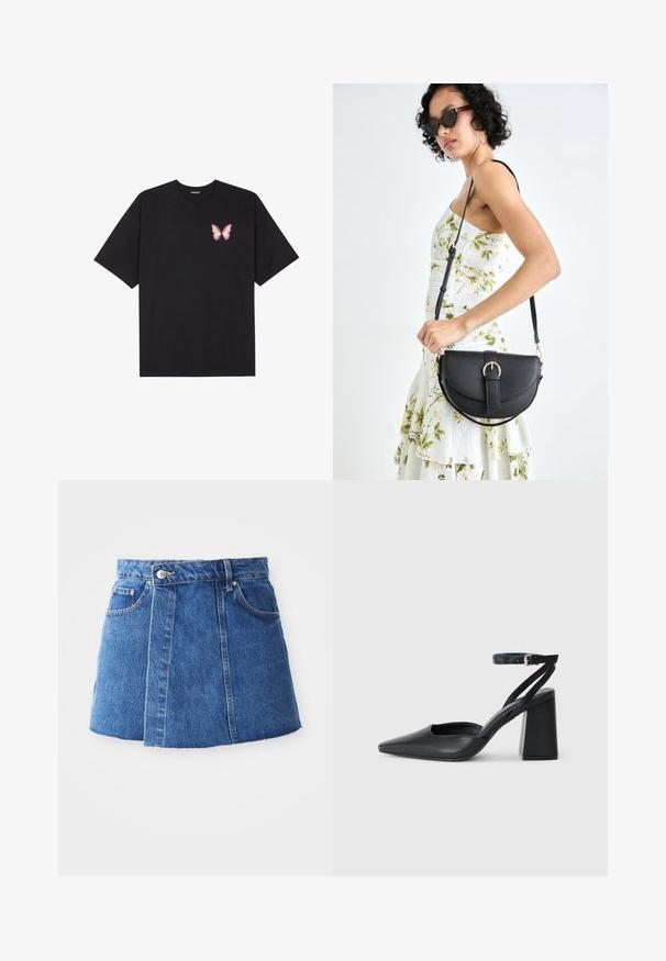 Musta puuvillapaita lyhyillä hihoilla, jossa on pieni vaaleanpunainen perhosgrafiikka vasemmassa rinnassa. Pyöreä kaula-aukko ja rento istuvuus.; Denim mini hame keskipunaisena, korkealla vyötäröllä, edessä nappikiinnitys, kaksi taskua ja repaleinen helma.; Mustat nahkakengät, joissa on kapea kärki, nilkkaremmi ja paksu korko. Tasainen pinta, tyylikäs muotoilu ja minimalistinen estetiikka.; Musta nahkainen käsilaukku, joka on kaareva muotoilultaan, irrotettavalla hihnalla ja kultaisilla yksityiskohdilla. Laukussa on läppä, jossa on solk yksityiskohta.