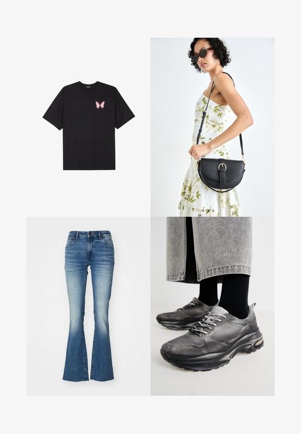 Zwarte katoenen t-shirt met korte mouwen, voorzien van een kleine roze vlinder graphic op de linkerkant van de borst. Crew neck ontwerp met een relaxte fit.; Blauwe spijkerbroek met een uitlopende ontwerp, middelhoge taille en een gradient wasbeurt die van donker naar lichtblauw vervaagt, met vijf zakken.; Zwarte en grijze sport schoenen hebben een mesh bovenkant, dikke zolen en veters. Ze hebben een ronde neus en zichtbare dempingsdetails.; Zwarte leren handtas met een gebogen vorm, afneembare schouderband en gouden hardware. De tas heeft een klep met een gespsluiting.