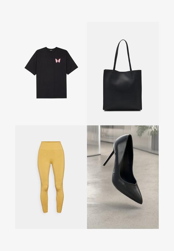 T-shirt nera in cotone con maniche corte, caratterizzata da una piccola grafica di una farfalla rosa sul lato sinistro del petto. Design a girocollo con una vestibilità rilassata.; Yogasearcher ASA SEAMLESS LEGGING - Leggings - curry; Décolleté nera in pelle con tacco alto, punta affusolata, design elegante e senza hardware visibile. Texture liscia e stile minimalista.; Borsa tote in pelle nera con texture liscia, forma rettangolare e due manici lunghi. Nessun hardware o decorazione visibile.