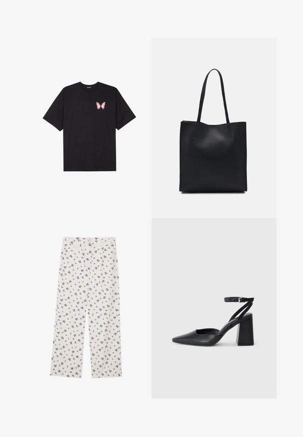 Black cotton t-shirt with short sleeves, featuring a small pink butterfly graphic on the left chest. Crew neck design with a relaxed fit.; White fabric pants featuring a small black floral pattern, wide-leg design, and standard waistband with front pockets.; Black leather pointy-toe pump with an ankle strap and a chunky heel. Flat texture, sleek design, and minimalistic aesthetics.; Black leather tote bag with smooth texture, rectangular shape, and two long handles. No visible hardware or embellishments.