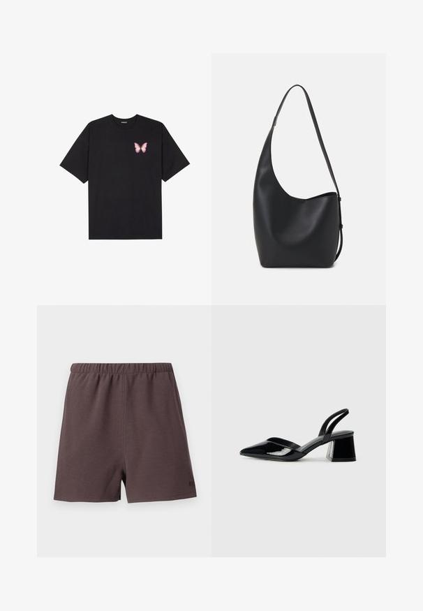 Juodas medvilnės marškinėliai trumpomis rankovėmis, su maža rožine drugelio grafika kairėje krūtinės pusėje. Apvalus kaklo iškirpimas, laisvas kirpimas.; Tamsiai rudos šortai, pagaminti iš tekstūruoto, audinio. Pasižymi elastinga juosta ir mažo logotipo akcentu apatiniame dešiniajame šone.; Juodos lakuotos odinės šlepetės su smailiu pirštu ir geometriniu bloko kulnu. Turi elegantišką, minimalistinį dizainą ir lygų paviršių.; Juodas odinis hobo maišas su lygiu paviršiumi, kreipta forma ir viena reguliuojama rankena; turi platų atidarymą viršuje.