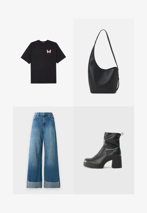 Schwarzes Baumwoll-T-Shirt mit kurzen Ärmeln, das ein kleines pinkes Schmetterlingsmotiv auf der linken Brust zeigt. Crewneck-Design mit einem entspannten Schnitt.; Hochgeschnittene, weit geschnittene blaue Jeans aus Denim mit Fronttaschen, Knopfverschluss und sichtbar ausgewaschenem Saumdetail.; Schwarze Stiefeletten aus glattem Leder mit seitlichem Reißverschluss, klobigem strukturiertem Absatz und runder Zehenform.; Schwarze Leder-Hobo-Tasche mit einer glatten Textur, geschwungener Form und einem einzelnen verstellbaren Tragegurt; verfügt über eine weite Öffnung am oberen Ende.