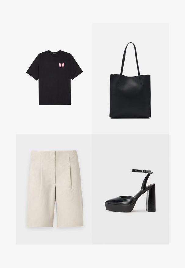 Black cotton t-shirt with short sleeves, featuring a small pink butterfly graphic on the left chest. Crew neck design with a relaxed fit.; Beige suede shorts with a relaxed fit, featuring two front pleats and a clean waistband design. Smooth texture, mid-thigh length.; Black platform heels with a pointed toe and adjustable ankle strap. Constructed from smooth leather, featuring a chunky block heel.; Black leather tote bag with smooth texture, rectangular shape, and two long handles. No visible hardware or embellishments.
