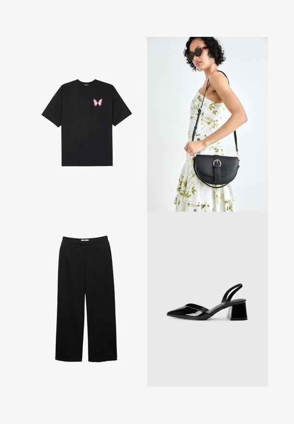 Musta puuvillapaita lyhyillä hihoilla, jossa on pieni vaaleanpunainen perhosgrafiikka vasemmassa rinnassa. Pyöreä kaula-aukko ja rento istuvuus.; Mustat leveälahkeiset housut, joissa on joustava vyötärö, sileä pinta ja kaksi etupuolelle ommeltua laskosta lisäyksinä.; Mustat patentoitu nahkakengät, joissa on säären takaosa ja terävä kärki, sekä geometrinen palikkakorko. Sisältää tyylikkään, minimalistisen muotoilun ja sileän pinnan.; Musta nahkainen käsilaukku, joka on kaareva muotoilultaan, irrotettavalla hihnalla ja kultaisilla yksityiskohdilla. Laukussa on läppä, jossa on solk yksityiskohta.