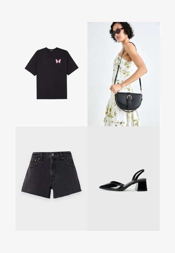 Tricou negru din bumbac cu mâneci scurte, având pe partea stângă a pieptului un mic grafic cu un fluture roz. Design cu guler rotund și croială lejeră.; Shorts din denim negru cu talie înaltă, margine desfăcută, buzunare frontale și nituri de culoare cupru. Textură netedă și croială clasică.; Pantofi cu toc slingback din piele lacuită neagră, cu vârf ascuțit și toc geometric. Prezintă un design elegant, minimalist și o textură netedă.; Geantă din piele neagră, cu o formă curbată, curea detașabilă și accesorii aurii. Geanta are un capac cu un detaliu tip cataramă.