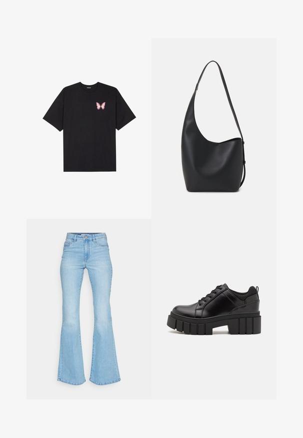 Juodas medvilnės marškinėliai trumpomis rankovėmis, su maža rožine drugelio grafika kairėje krūtinės pusėje. Apvalus kaklo iškirpimas, laisvas kirpimas.; Šviesiai mėlynos, džinsinės, išsiplėtusios kelnės, turinčios aukštą liemenį, priekinės kišenės ir švarius kraštų apdailos siūlus.; Juodi odiniai platformos batai su masyviu blokuota kulniuku, apvalia nosimi ir tradiciniu šnypštimo dizainu. Turintys glotnų paviršių ir minimalų dekoravimą.; Juodas odinis hobo maišas su lygiu paviršiumi, kreipta forma ir viena reguliuojama rankena; turi platų atidarymą viršuje.