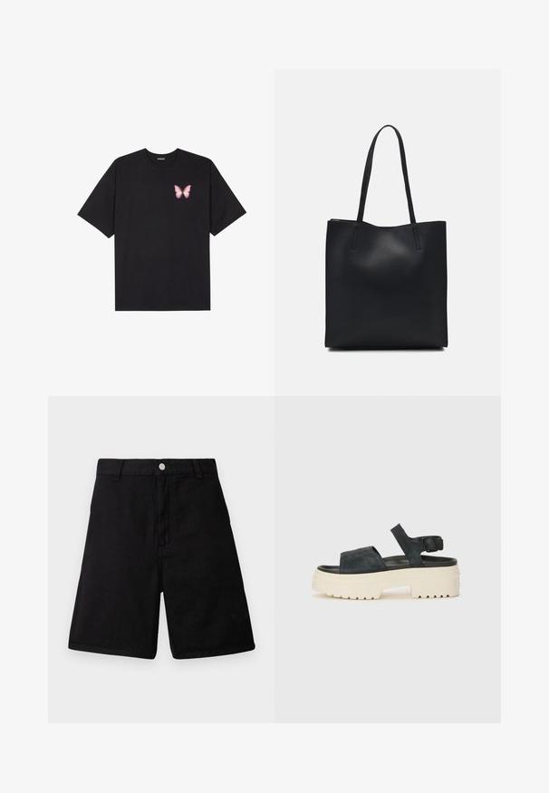 T-shirt en coton noir à manches courtes, avec un petit graphique de papillon rose sur la poitrine gauche. Modèle à col rond avec une coupe décontractée.; Shorts noirs en tissu durable, dotés d'un design à coupe droite, de poches avant, d'une braguette zippée et d'une fermeture à bouton métal.; Sandales plateforme en daim noir avec une semelle blanche épaisse, large bride frontale et boucle ajustable à la cheville. Semelle extérieure texturée pour une bonne adhérence.; Sac fourre-tout en cuir noir avec une texture lisse, de forme rectangulaire et deux longues poignées. Pas de matériel ou d'ornementations visibles.