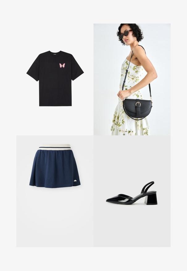 Schwarzes Baumwoll-T-Shirt mit kurzen Ärmeln, das ein kleines pinkes Schmetterlingsmotiv auf der linken Brust zeigt. Crewneck-Design mit einem entspannten Schnitt.; Marineblauer Rock aus weichem Stoff mit einem weißen elastischen Bund, der zwei marineblaue Streifen und ein kleines Logo am unteren Saum aufweist.; Schwarze Lackleder-Slingback-High Heels mit spitzem Schuh und einem geometrischen Blockabsatz. Verfügt über ein schlankes, minimalistisches Design und eine glatte Textur.; Schwarze Lederhandtasche mit geschwungener Form, abnehmbarem Tragegurt und goldenen Beschlägen. Die Tasche verfügt über einen Deckel mit einer Schnallen-Details.