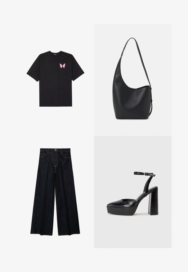 Black cotton t-shirt with short sleeves, featuring a small pink butterfly graphic on the left chest. Crew neck design with a relaxed fit.; Wide-leg jeans in dark denim, featuring a high waist, front pockets, and contrasting stitching. Smooth texture with a tailored finish.; Black platform heels with a pointed toe and adjustable ankle strap. Constructed from smooth leather, featuring a chunky block heel.; Black leather hobo bag with a smooth texture, curved shape, and single adjustable strap; features a wide opening at the top.