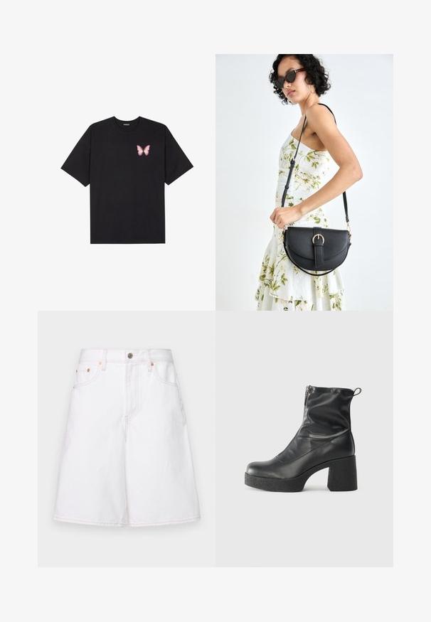 T-shirt nera in cotone con maniche corte, caratterizzata da una piccola grafica di una farfalla rosa sul lato sinistro del petto. Design a girocollo con una vestibilità rilassata.; GAP JORT - Shorts - optic white; Stivali neri alla caviglia in pelle liscia, con zip laterale, tacco spesso e texture, e punta arrotondata.; Borsa a tracolla nera in pelle con una forma curva, manico rimovibile e accessori dorati. La borsa presenta una patta con un dettaglio a fibbia.