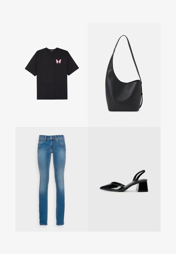 T-shirt de algodão preto com mangas curtas, apresentando um pequeno gráfico de borboleta rosa no lado esquerdo do peito. Design de gola redonda com um corte solto.; Calças de ganga azul claro, com um corte slim, cinco bolsos e costura laranja em contraste, apresentando um fecho com botão e zipper.; Sandy em verniz preto com salto slingback, ponta afilada e salto geométrico. Apresenta um design elegante e minimalista com textura suave.; Saco hobo preto em pele com uma textura lisa, forma curva e uma única alça ajustável; apresenta uma abertura larga na parte de cima.