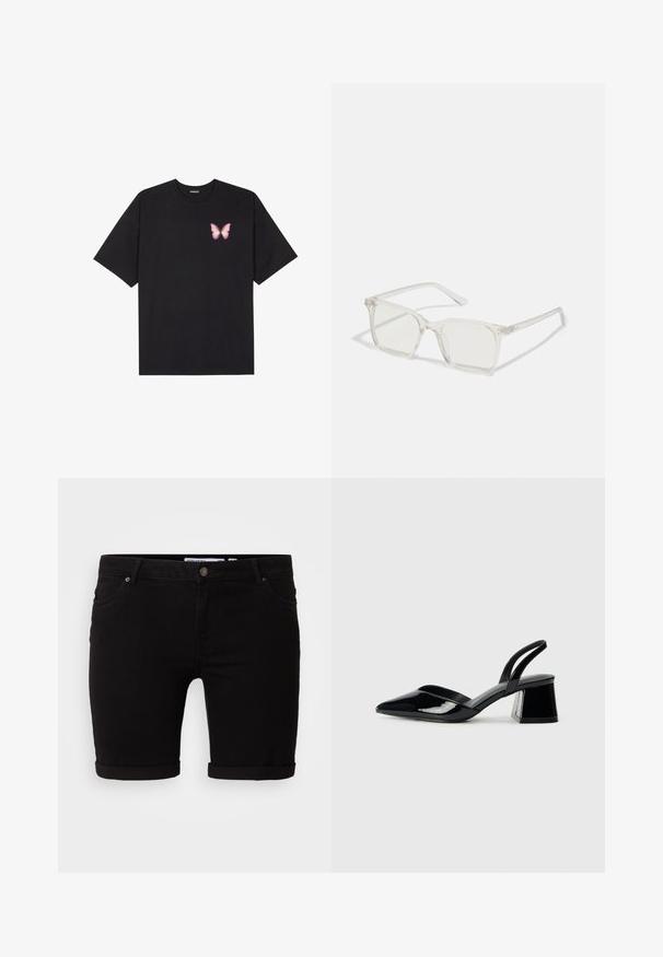 Čierne bavlnené tričko s krátkymi rukávmi, s malým ružovým motýlikom na ľavej hrudi. Design s okrúhlym výstrihom a uvoľneným strihom.; Čierne denimové šortky so strihačkou, obsahujúce prehnuté lemy, zapínanie na prednej strane na gombík a bočné vrecká. Hladká textúra a minimalistický dizajn.; Čierne lakované kožené sandálové podpätky s špicatou špičkou a geometrickým blokovým podpätkom. Disponujú elegantným, minimalistickým dizajnom a hladkým povrchom.; Priehľadné plastové okuliare s námestovými rámami a priehľadnými šošovkami, s kultivovanými zlatými akcentmi na spánkoch pre zvýraznenie detailov.