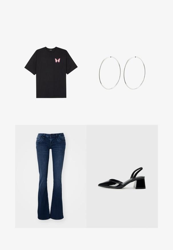 Camiseta de algodón negra de manga corta, con un pequeño gráfico de mariposa rosa en el lado izquierdo del pecho. Diseño de cuello redondo con un corte relajado.; Vaqueros de campana azul oscuro hechos de denim, con bolsillos delanteros, cierre de botón y una textura suave.; Zapatos de tacón slingback de charol negro con punta afilada y tacón geométrico en bloque. Presentan un diseño elegante y minimalista, así como una textura suave.; Pendientes de aro plateados con un diseño redondo y liso, y un acabado pulido. Son delgados y ligeros, y cuentan con un sencillo cierre de gancho.