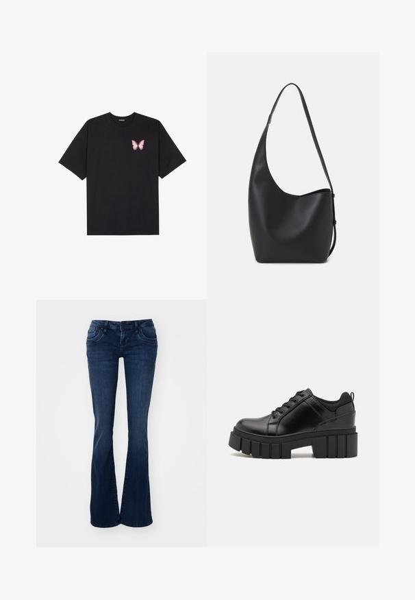 Black cotton t-shirt with short sleeves, featuring a small pink butterfly graphic on the left chest. Crew neck design with a relaxed fit.; Dark blue flared jeans made from denim, featuring front pockets, a button closure, and a smooth texture.; Black leather platform shoes with a chunky block heel, round toe, and traditional lace-up design. Features smooth texture and minimal detailing.; Black leather hobo bag with a smooth texture, curved shape, and single adjustable strap; features a wide opening at the top.