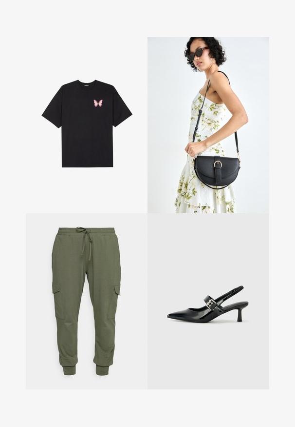 Black cotton t-shirt with short sleeves, featuring a small pink butterfly graphic on the left chest. Crew neck design with a relaxed fit.; Olive green sweatpants made from soft fabric, featuring an elastic waistband with drawstring, tapered cuffs, and side cargo pockets.; Black patent leather slingback heels with a pointed toe and a small block heel, featuring a silver buckle accent on the strap.; Black leather handbag with a curved shape, detachable strap, and gold hardware. The bag features a flap with a buckle detail.