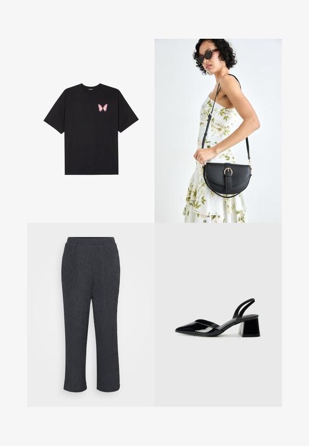 Tricou negru din bumbac cu mâneci scurte, având pe partea stângă a pieptului un mic grafic cu un fluture roz. Design cu guler rotund și croială lejeră.; Pantaloni gri închis cu un design texturat și cu nervuri, având talie elastică și picioare taperate. Realizați dintr-un material ușor și moale.; Pantofi cu toc slingback din piele lacuită neagră, cu vârf ascuțit și toc geometric. Prezintă un design elegant, minimalist și o textură netedă.; Geantă din piele neagră, cu o formă curbată, curea detașabilă și accesorii aurii. Geanta are un capac cu un detaliu tip cataramă.