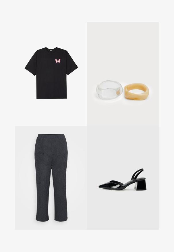 Tricou negru din bumbac cu mâneci scurte, având pe partea stângă a pieptului un mic grafic cu un fluture roz. Design cu guler rotund și croială lejeră.; Pantaloni gri închis cu un design texturat și cu nervuri, având talie elastică și picioare taperate. Realizați dintr-un material ușor și moale.; Pantofi cu toc slingback din piele lacuită neagră, cu vârf ascuțit și toc geometric. Prezintă un design elegant, minimalist și o textură netedă.; Inele din rășină clară și chihlimbar, unul neted și transparent, iar celălalt cu o finisare texturată, de chihlimbar. Ambele au un design rotund și suculent.