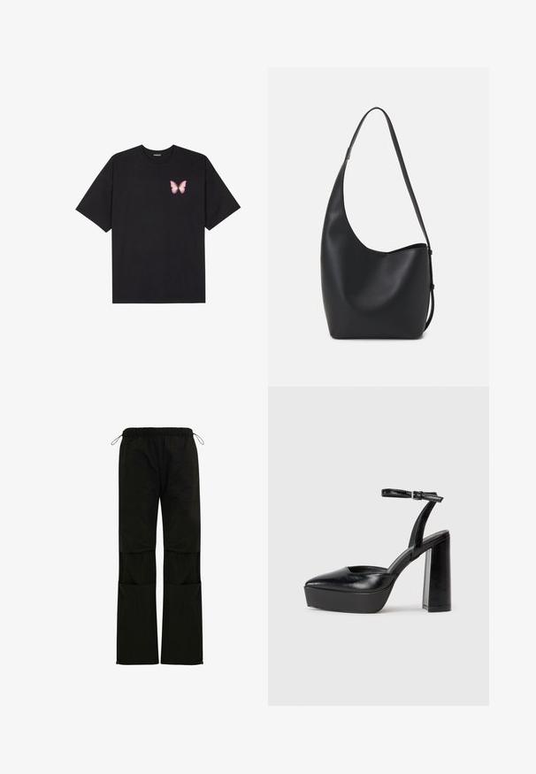 Tricou negru din bumbac cu mâneci scurte, având pe partea stângă a pieptului un mic grafic cu un fluture roz. Design cu guler rotund și croială lejeră.; Pantaloni negri, ușori, cu talie elastică, ajustare prin șnur, buzunare laterale și croială dreaptă. Textură netedă.; Pantofi cu toc platformă negri, cu vârful ascuțit și curea reglabilă la gleznă. Confecționați din piele netedă, având un toc gros.; Geantă hobo din piele neagră, cu o textură netedă, formă curbată și un singur bretele ajustabil; are o deschidere largă în partea de sus.