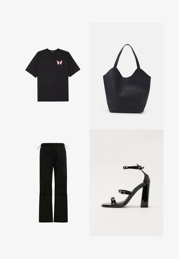 Melna kokvilnas T-krekls ar īsām piedurknēm, kuram priekšā kreisajā pusē ir neliels rozā tauriņa grafiskais attēls. Ar apaļu kaklu un brīvā stila piegriezumu.; Melnas, vieglas bikses ar elastīgu jostasvietu, aukliņas regulēšanu, sānu kabatām un taisna griezuma kājām. Gluda tekstūra.; Melnas lakotas augstpapēžu čības ar kvadrāta purngalu, potīšu siksniņām un sudraba sprādzēm. Aprīkotas ar masīvu bloku papēdi stabilitātei.; Melnas rokassomas, kas izgatavota no gludas ādas, ar izliekto atvērto augšu, divām plecu jostām un minimālistisku dizainu.