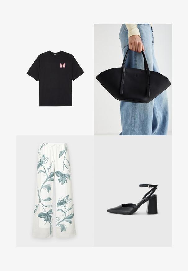 Juodas medvilnės marškinėliai trumpomis rankovėmis, su maža rožine drugelio grafika kairėje krūtinės pusėje. Apvalus kaklo iškirpimas, laisvas kirpimas.; Aukšto juosmens, plačių kojų kelnės balto audinio su mėlynomis gėlėmis. Elastinga juosmens juosta su raiščiais, lygus paviršius, kasdienis dizainas.; Juoda odinė smailiagalė aukštakulnio bateliai su kulkšnies dirželiu ir storu kulnu. Lygus paviršius, elegantiškas dizainas ir minimalistiška estetinė. ; Juodas odinis rankinis uždangalas unikaliu ventiliatoriaus formos dizainu, turintis plokščias rankenas. Paviršius turi akmeninė tekstūrą ir minimalistišką dizainą.